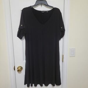 Susan Graver Everyday Black V-Neck Roll Tab Sleeve A-Line Dress 1XP Petite